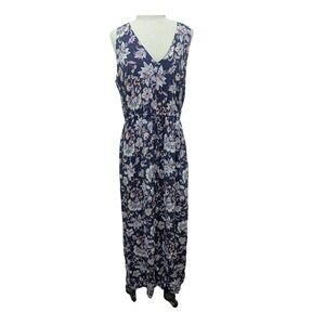 Lucky Brand Navy Blue Paisley Floral V-Neck Maxi Dress Sleeveless Large Boho